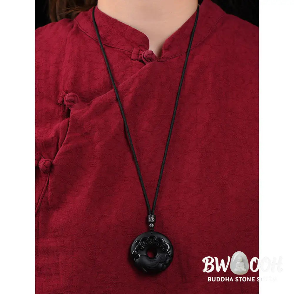 Buddha Stones Chinese Zodiac Natural Black Obsidian Peace Buckle Strength Necklace Pendant - BWOOOH - Necklaces &amp;