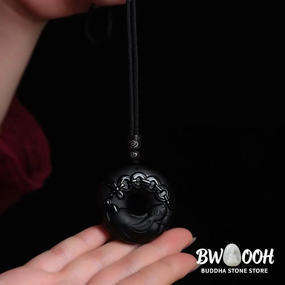 Buddha Stones Chinese Zodiac Natural Black Obsidian Peace Buckle Strength Necklace Pendant - BWOOOH - Necklaces &amp;