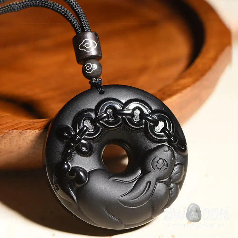 Buddha Stones Chinese Zodiac Natural Black Obsidian Peace Buckle Strength Necklace Pendant - BWOOOH - Necklaces &amp;