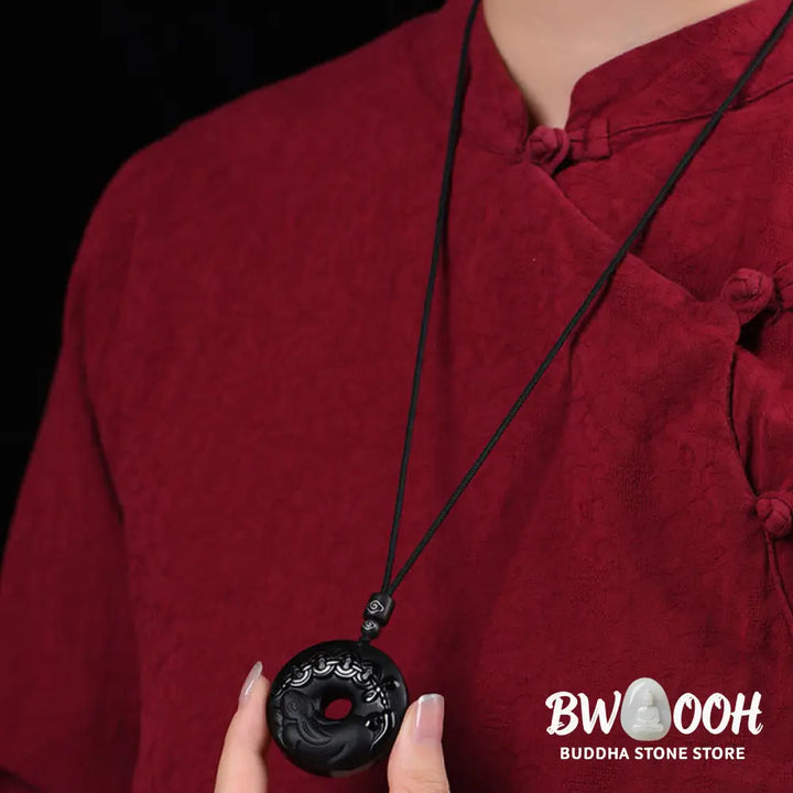 Buddha Stones Chinese Zodiac Natural Black Obsidian Peace Buckle Strength Necklace Pendant - BWOOOH - Necklaces &amp;