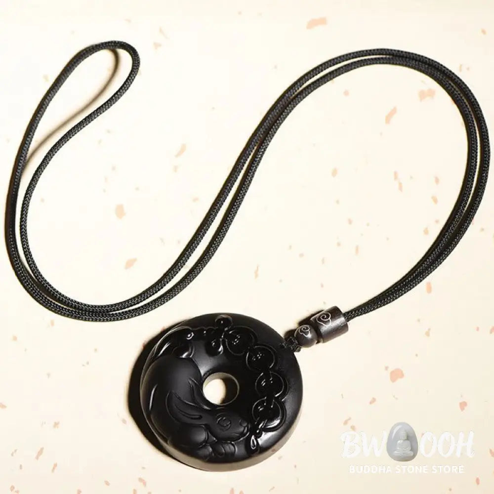Buddha Stones Chinese Zodiac Natural Black Obsidian Peace Buckle Strength Necklace Pendant - BWOOOH - Necklaces &amp;
