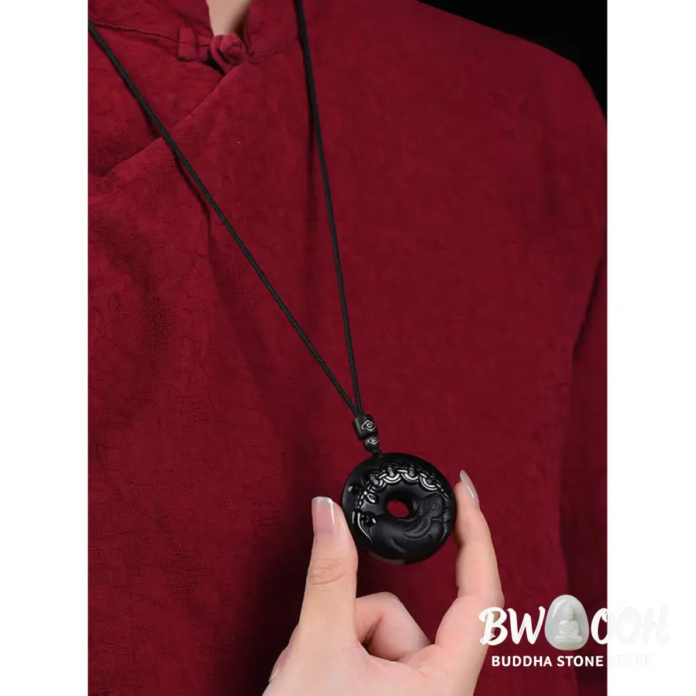 Buddha Stones Chinese Zodiac Natural Black Obsidian Peace Buckle Strength Necklace Pendant - BWOOOH - Necklaces &amp;