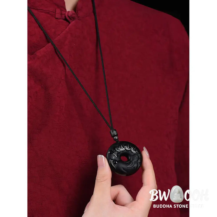 Buddha Stones Chinese Zodiac Natural Black Obsidian Peace Buckle Strength Necklace Pendant - BWOOOH - Necklaces &amp;