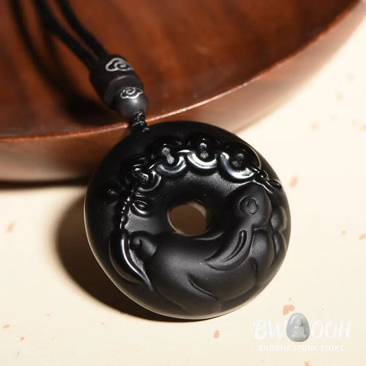 Buddha Stones Chinese Zodiac Natural Black Obsidian Peace Buckle Strength Necklace Pendant - BWOOOH - Necklaces &amp;