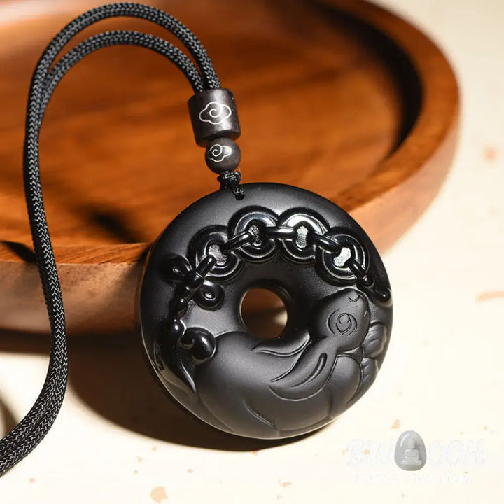 Buddha Stones Chinese Zodiac Natural Black Obsidian Peace Buckle Strength Necklace Pendant - BWOOOH - Necklaces &amp;