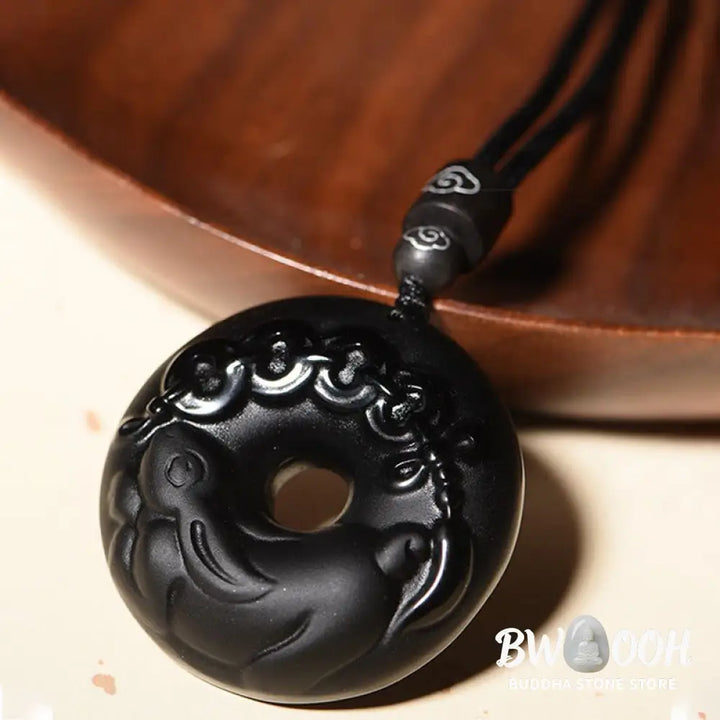 Buddha Stones Chinese Zodiac Natural Black Obsidian Peace Buckle Strength Necklace Pendant - BWOOOH - Necklaces &amp;
