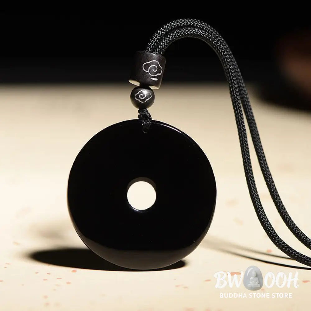 Buddha Stones Chinese Zodiac Natural Black Obsidian Peace Buckle Strength Necklace Pendant - BWOOOH - Necklaces &amp;