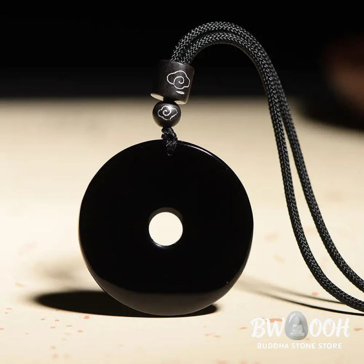 Buddha Stones Chinese Zodiac Natural Black Obsidian Peace Buckle Strength Necklace Pendant - BWOOOH - Necklaces &amp;
