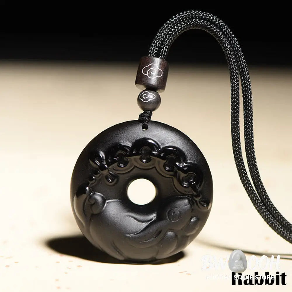 Buddha Stones Chinese Zodiac Natural Black Obsidian Peace Buckle Strength Necklace Pendant - BWOOOH - Necklaces &amp;