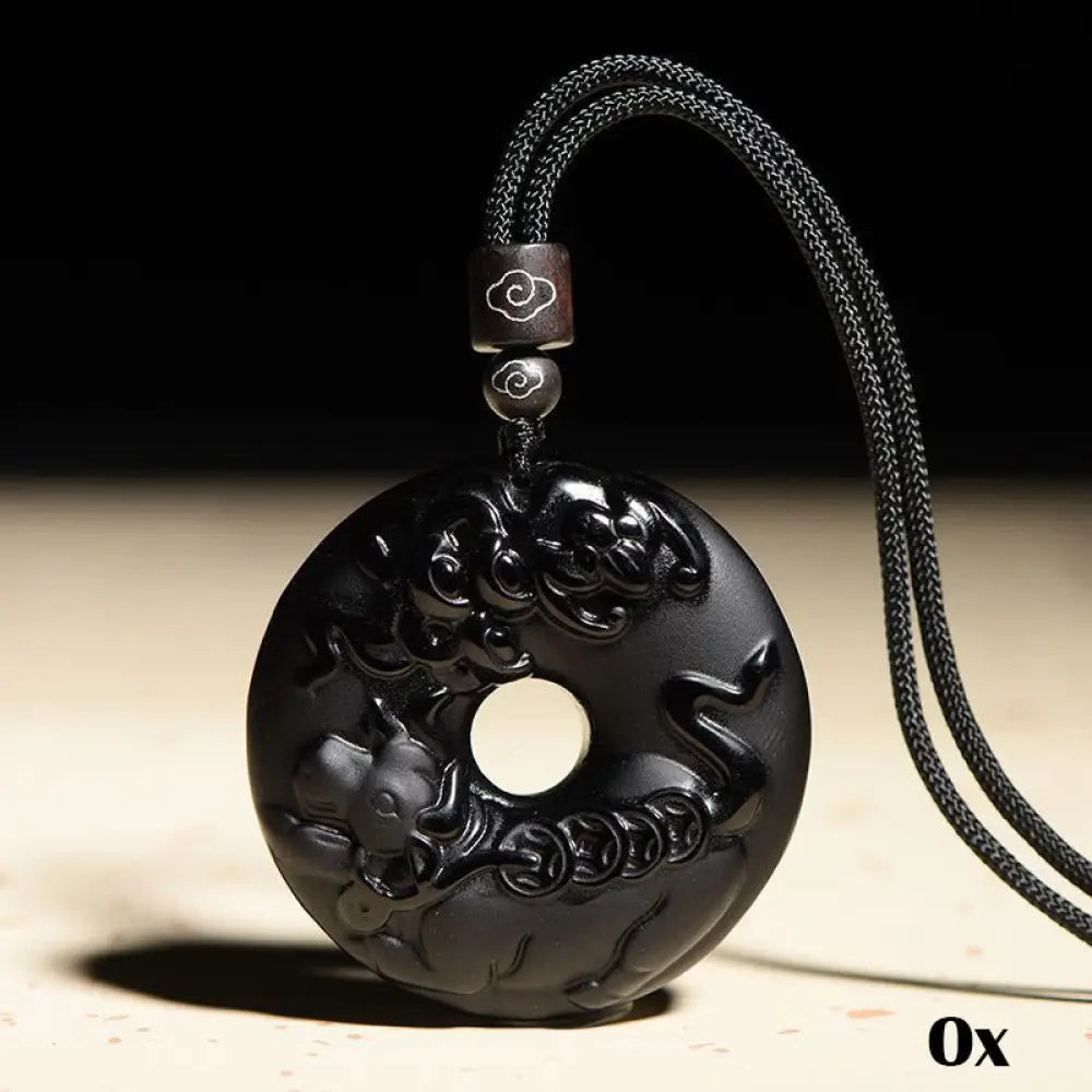 Buddha Stones Chinese Zodiac Natural Black Obsidian Peace Buckle Strength Necklace Pendant - BWOOOH - Ox - Necklaces &amp;