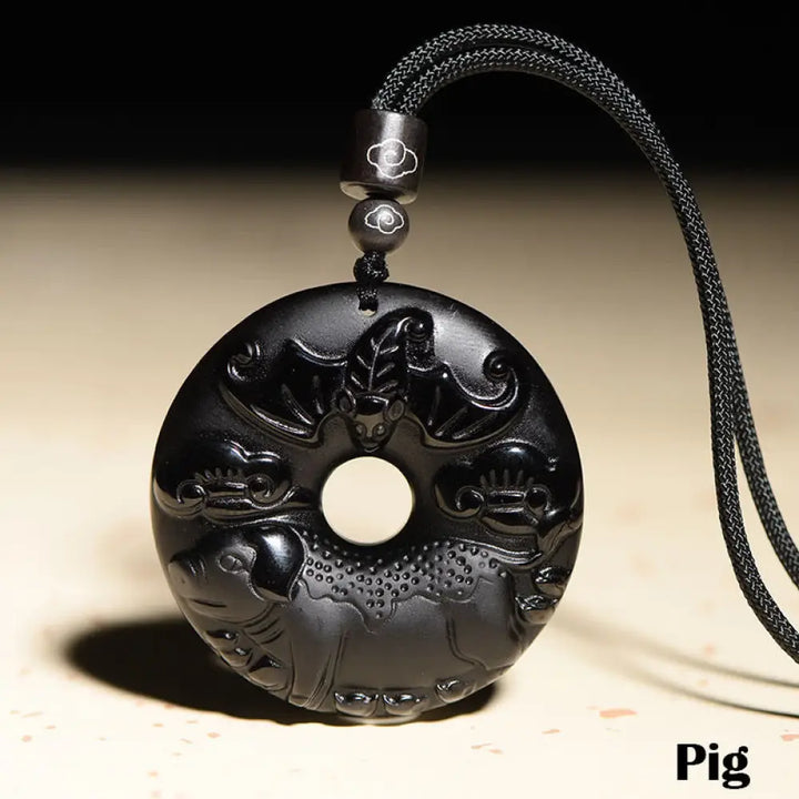 Buddha Stones Chinese Zodiac Natural Black Obsidian Peace Buckle Strength Necklace Pendant - BWOOOH - Pig - Necklaces &amp;