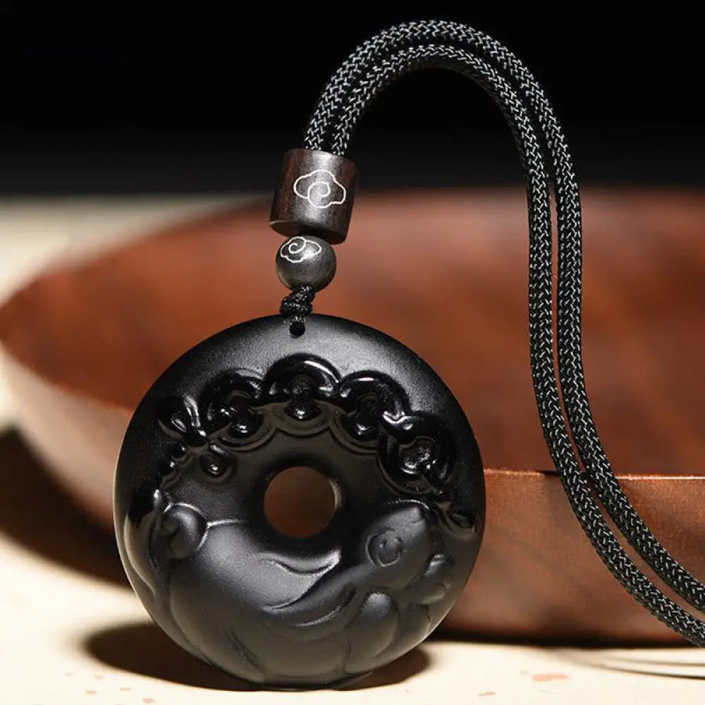 BWOOOH Chinese Zodiac natural black obsidian peace buckle strength necklace pendant — purification, transformation & fortune