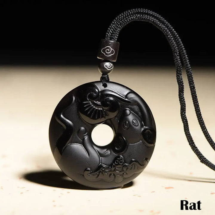 Buddha Stones Chinese Zodiac Natural Black Obsidian Peace Buckle Strength Necklace Pendant - BWOOOH - Rat - Necklaces &amp;