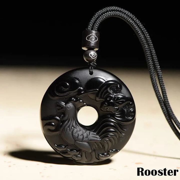 Buddha Stones Chinese Zodiac Natural Black Obsidian Peace Buckle Strength Necklace Pendant - BWOOOH - Rooster