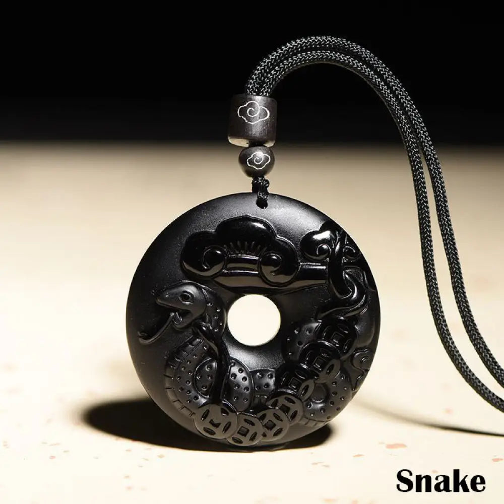 Buddha Stones Chinese Zodiac Natural Black Obsidian Peace Buckle Strength Necklace Pendant - BWOOOH - Snake - Necklaces