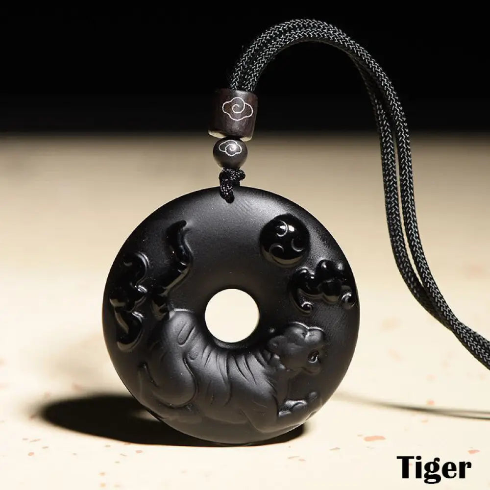 Buddha Stones Chinese Zodiac Natural Black Obsidian Peace Buckle Strength Necklace Pendant - BWOOOH - Tiger - Necklaces