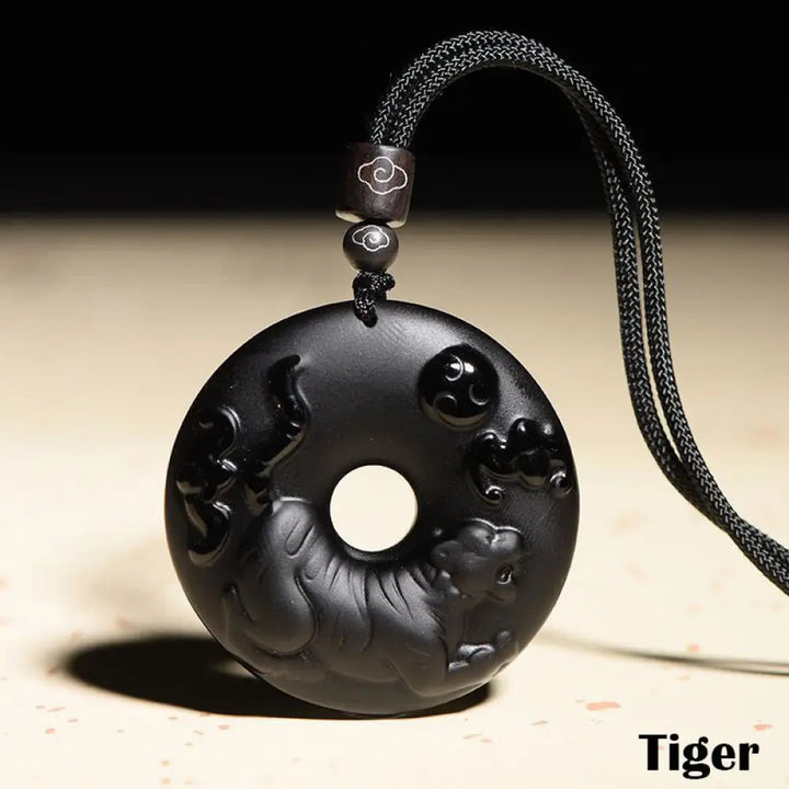 Buddha Stones Chinese Zodiac Natural Black Obsidian Peace Buckle Strength Necklace Pendant - BWOOOH - Tiger - Necklaces