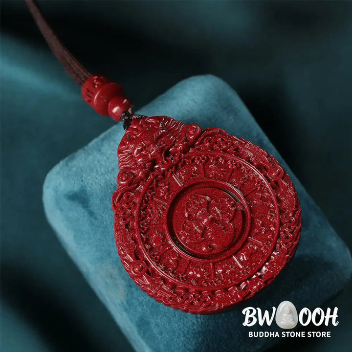Buddha Stones Chinese Zodiac Natural Cinnabar Bagua Amulet Keep Away Evil Spirits Necklace Pendant - BWOOOH