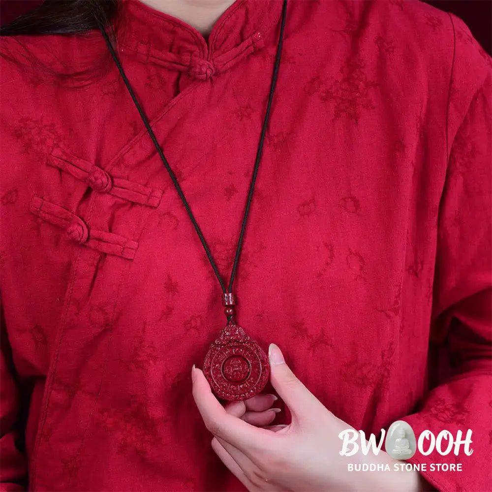 Buddha Stones Chinese Zodiac Natural Cinnabar Bagua Amulet Keep Away Evil Spirits Necklace Pendant - BWOOOH
