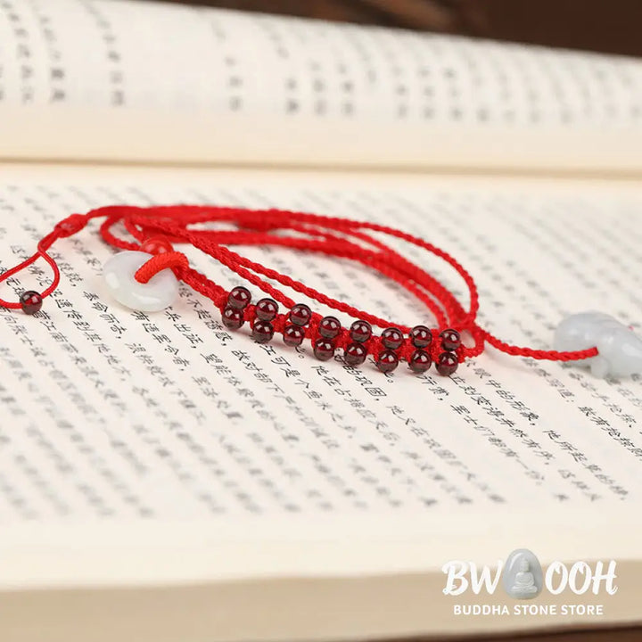 Buddha Stones Chinese Zodiac Natural Garnet Peace Buckle Blessing Red String Belly Chain - Belly Chain