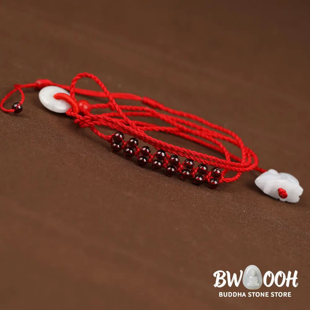 Buddha Stones Chinese Zodiac Natural Garnet Peace Buckle Blessing Red String Belly Chain - Belly Chain