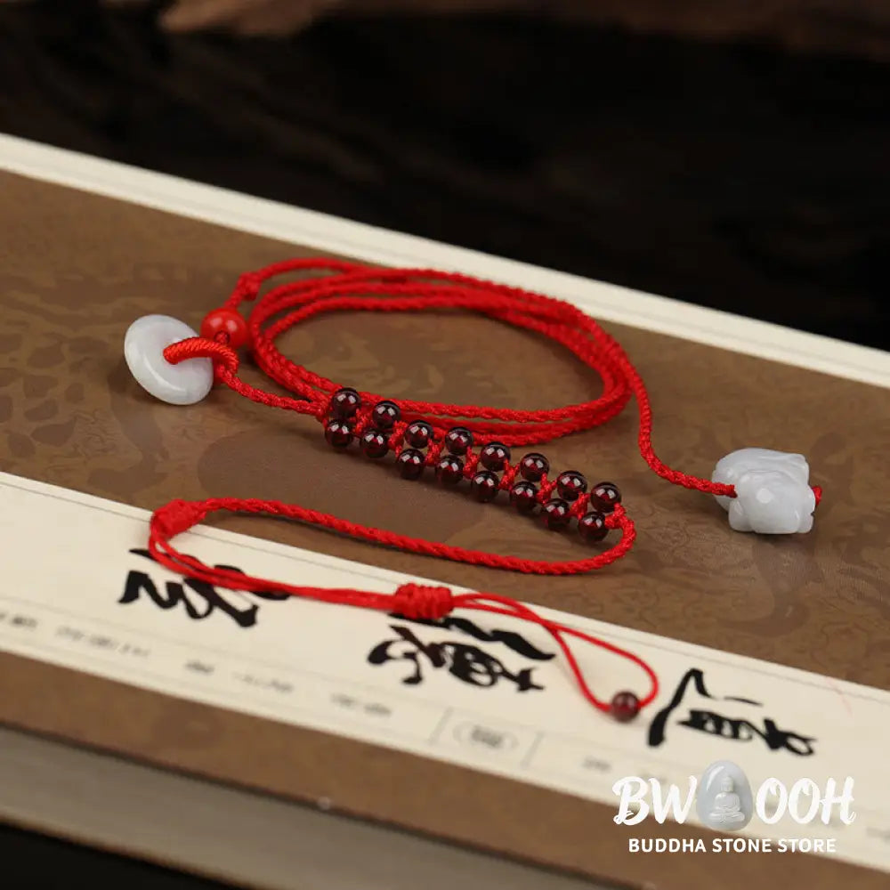 Buddha Stones Chinese Zodiac Natural Garnet Peace Buckle Blessing Red String Belly Chain - Belly Chain