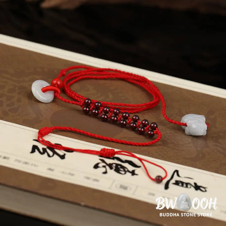 Buddha Stones Chinese Zodiac Natural Garnet Peace Buckle Blessing Red String Belly Chain - Belly Chain