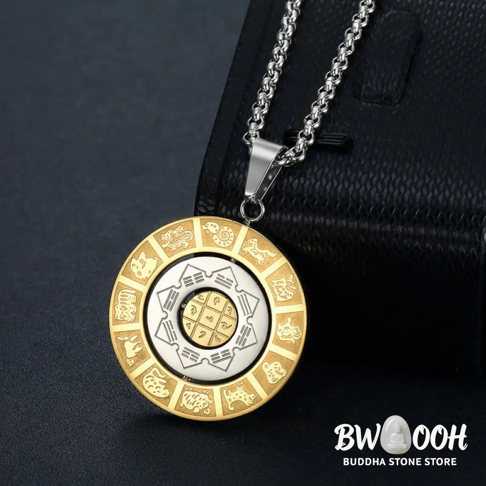 Buddha Stones Chinese Zodiac Nine Palaces Eight Diagrams Bagua Amulet Harmony Necklace Rotatable Pendant - BWOOOH