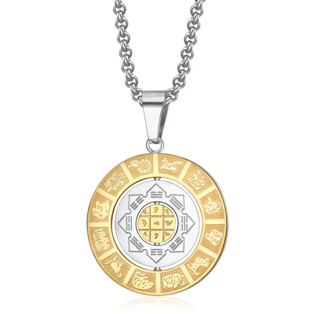 Buddha Stones Chinese Zodiac Nine Palaces Eight Diagrams Bagua Amulet Harmony Necklace Rotatable Pendant - BWOOOH