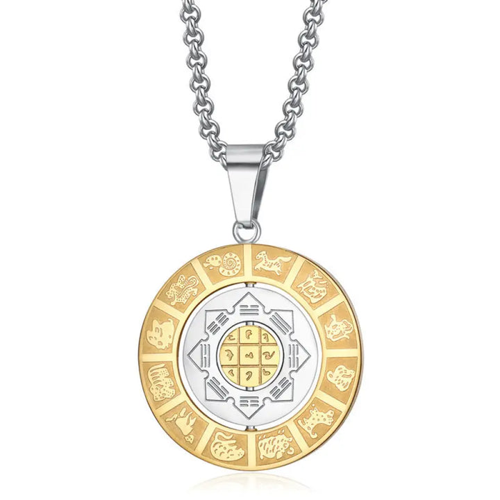 Buddha Stones Chinese Zodiac Nine Palaces Eight Diagrams Bagua Amulet Harmony Necklace Rotatable Pendant - BWOOOH