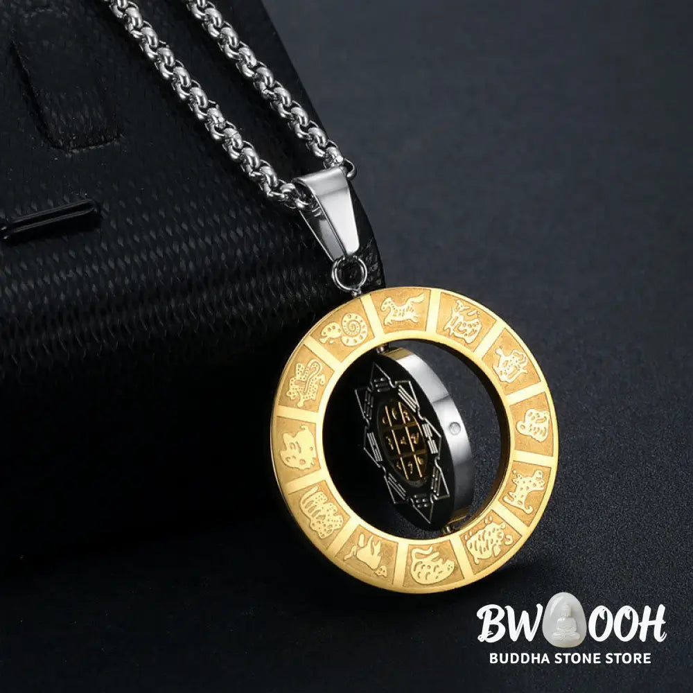 Buddha Stones Chinese Zodiac Nine Palaces Eight Diagrams Bagua Amulet Harmony Necklace Rotatable Pendant - BWOOOH