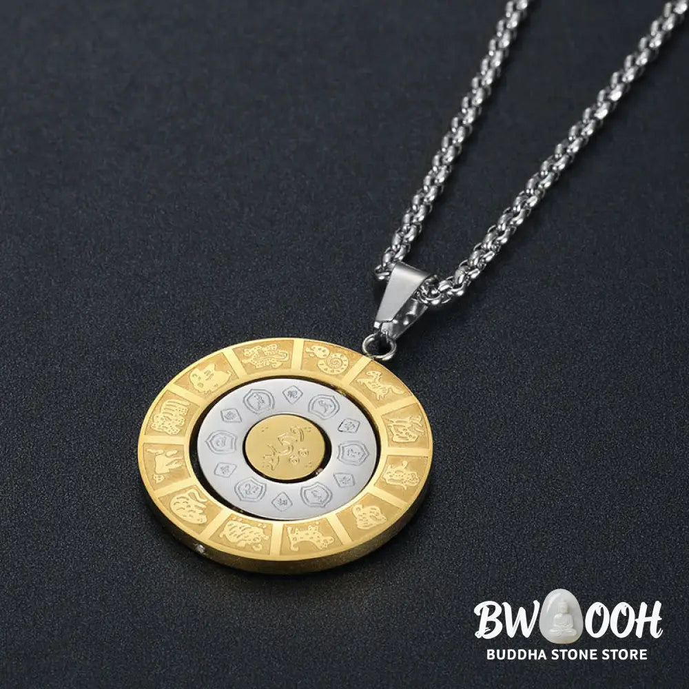 Buddha Stones Chinese Zodiac Nine Palaces Eight Diagrams Bagua Amulet Harmony Necklace Rotatable Pendant - BWOOOH