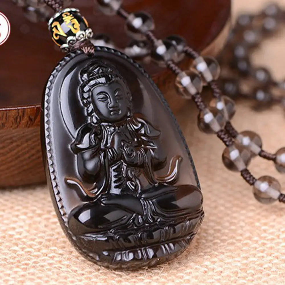 BWOOOH Chinese zodiac black obsidian protection necklace pendant on elastic 65cm cord