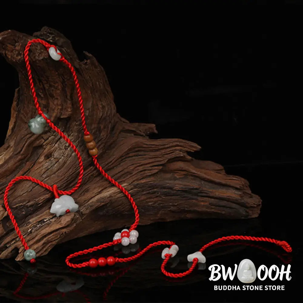 Buddha Stones Chinese Zodiac Peach Wood Blessing Red String Belly Chain - Belly Chain