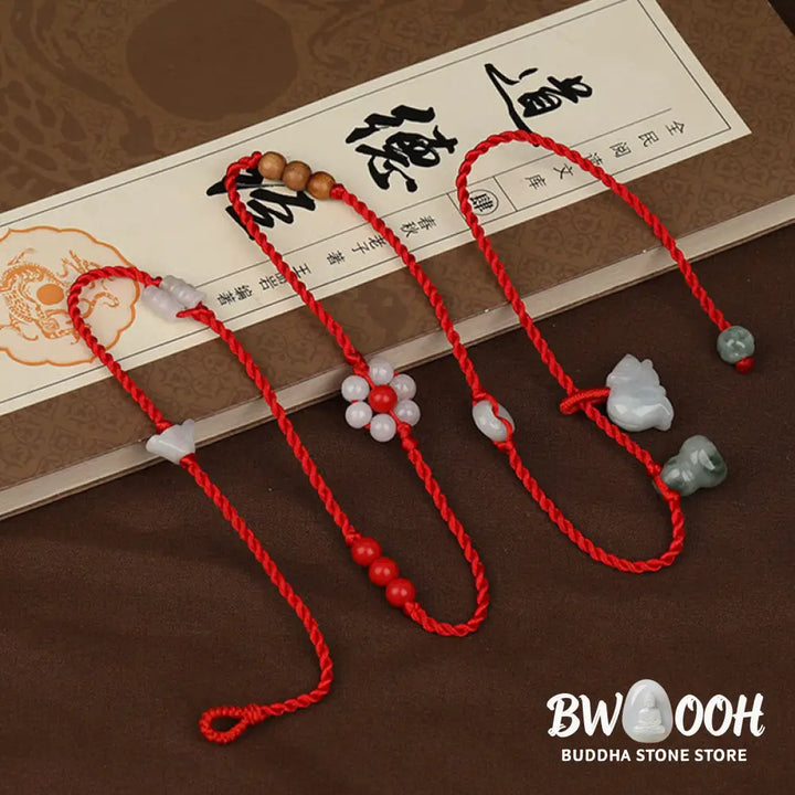 Buddha Stones Chinese Zodiac Peach Wood Blessing Red String Belly Chain - Belly Chain