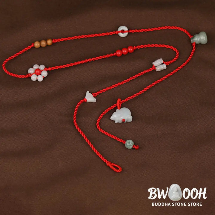 Buddha Stones Chinese Zodiac Peach Wood Blessing Red String Belly Chain - Belly Chain