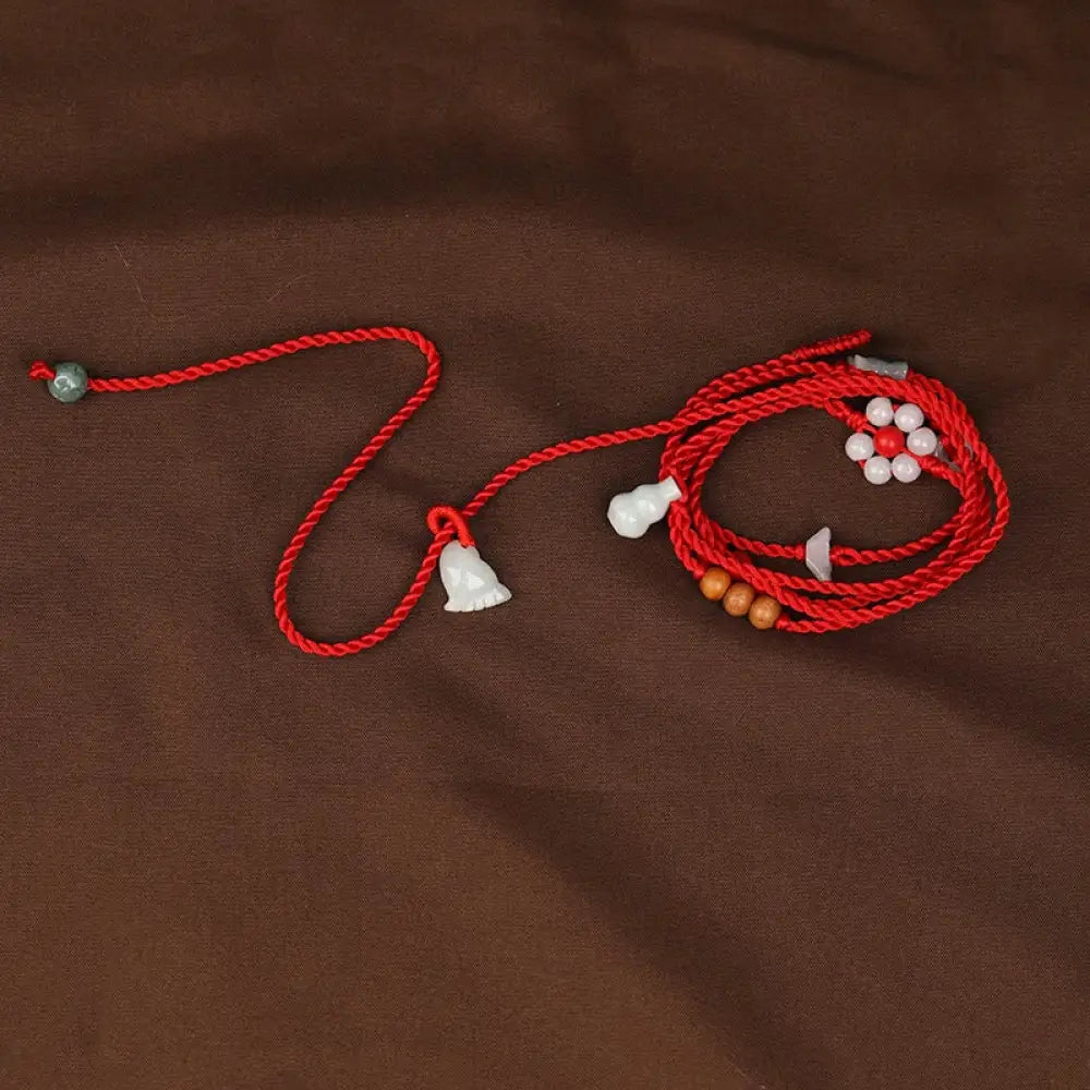 Buddha Stones Chinese Zodiac Peach Wood Blessing Red String Belly Chain - Foot and Gourd - Belly Chain