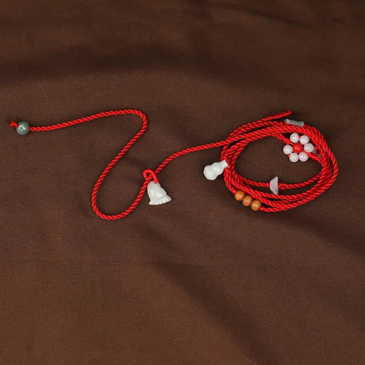 Buddha Stones Chinese Zodiac Peach Wood Blessing Red String Belly Chain - Foot and Gourd - Belly Chain