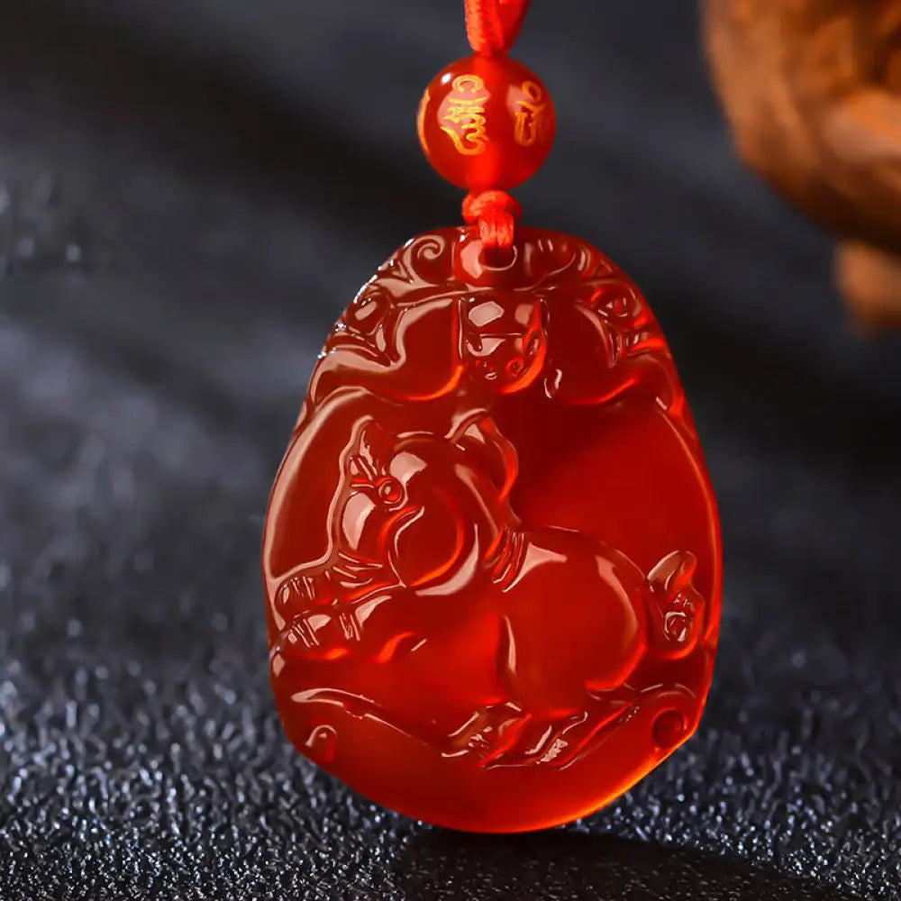 Buddha Stones Chinese Zodiac Red Agate Calm Necklace Pendant - BWOOOH - Pig - Necklaces &amp; Pendants