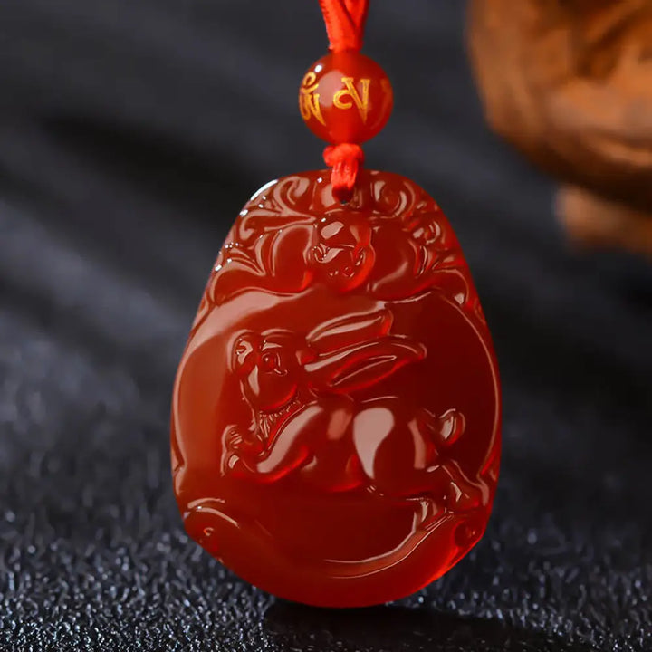 Buddha Stones Chinese Zodiac Red Agate Calm Necklace Pendant - BWOOOH - Rabbit - Necklaces &amp; Pendants