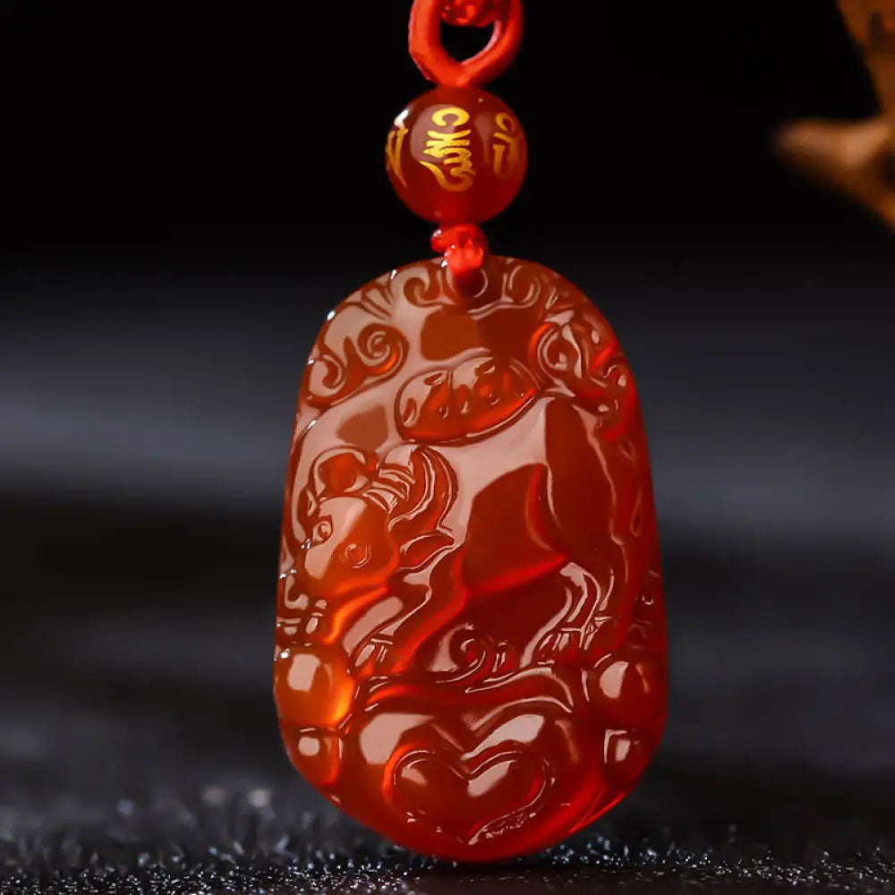 Buddha Stones Chinese Zodiac Red Agate Luck Necklace Pendant - BWOOOH - Ox - Necklaces &amp; Pendants