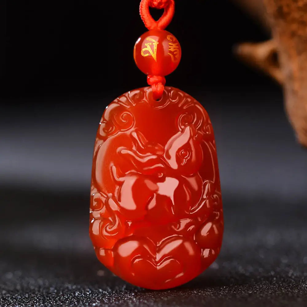 Buddha Stones Chinese Zodiac Red Agate Luck Necklace Pendant - BWOOOH - Rabbit - Necklaces &amp; Pendants