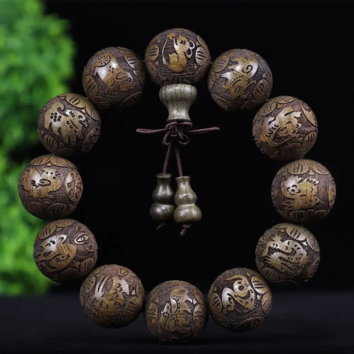 Buddha Stones Chinese Zodiac Rosewood Ebony Copper Coin PiXiu Carved Warmth Bracelet - BWOOOH - Ebony 12 Zodiac