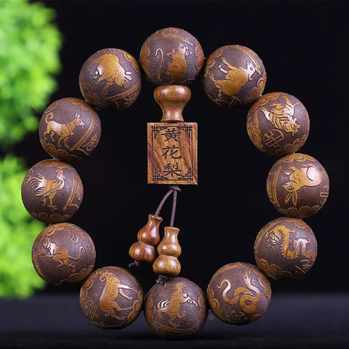 BWOOOH Chinese Zodiac Rosewood Ebony Copper Coin PiXiu Carved Warmth Bracelet - BWOOOH - Rosewood 12 Zodiac