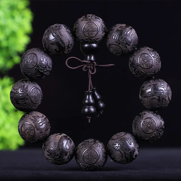 Buddha Stones Chinese Zodiac Rosewood Ebony Copper Coin PiXiu Carved Warmth Bracelet - BWOOOH - African Blackwood Pixiu