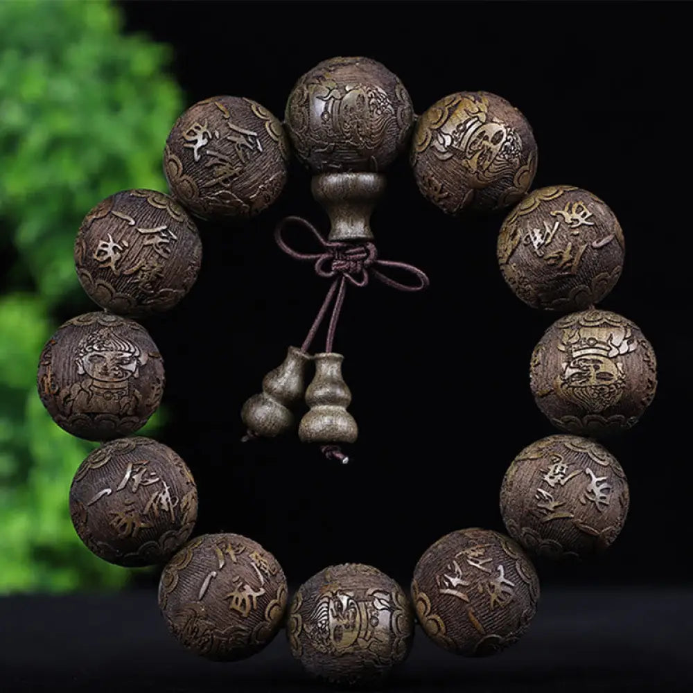 Buddha Stones Chinese Zodiac Rosewood Ebony Copper Coin PiXiu Carved Warmth Bracelet - BWOOOH - Ebony Half Demon Half
