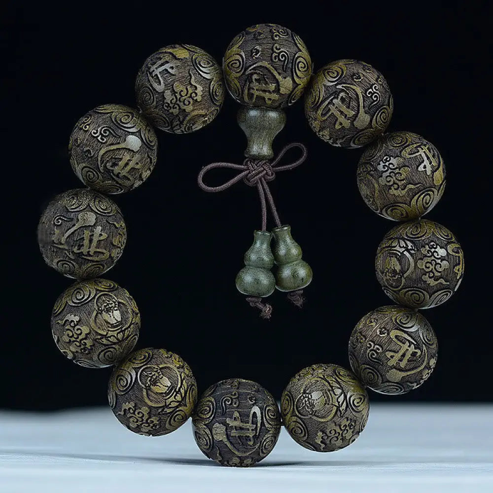 Buddha Stones Chinese Zodiac Rosewood Ebony Copper Coin PiXiu Carved Warmth Bracelet - BWOOOH - Ebony Buddha Letter