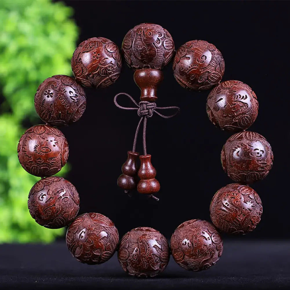 Buddha Stones Chinese Zodiac Rosewood Ebony Copper Coin PiXiu Carved Warmth Bracelet - BWOOOH - Red Sandalwood 12
