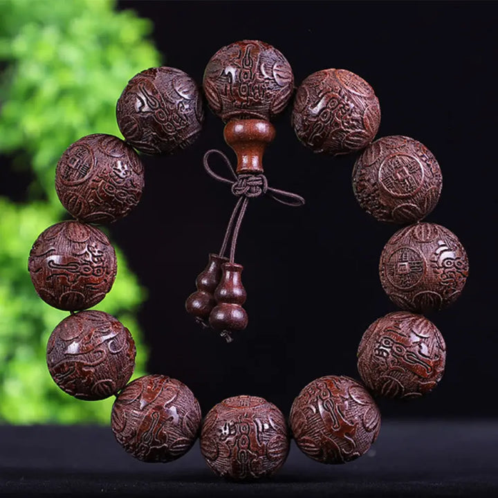 Buddha Stones Chinese Zodiac Rosewood Ebony Copper Coin PiXiu Carved Warmth Bracelet - BWOOOH - Red Sandalwood Copper