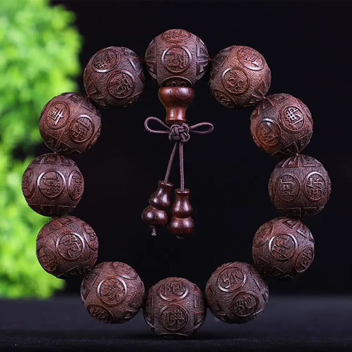 Buddha Stones Chinese Zodiac Rosewood Ebony Copper Coin PiXiu Carved Warmth Bracelet - BWOOOH - Red Sandalwood Amitabha